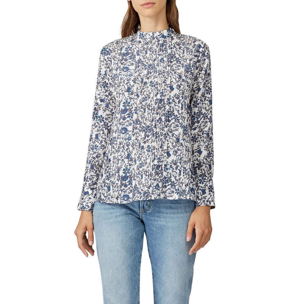 Apiece Apart Sez Pintuck Blouse Blue Floral size 4 100% Silk